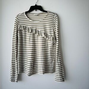 Lucky Brand Top Beige Green Stripe Ruffle Long Sleeve Cotton Women M Boho Preppy
